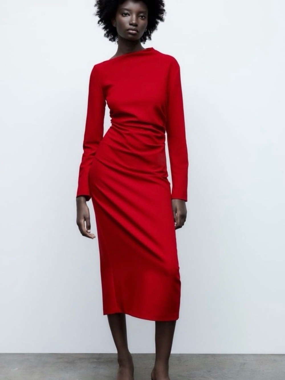 Zara Red Long-Sleeve Midi Dress
